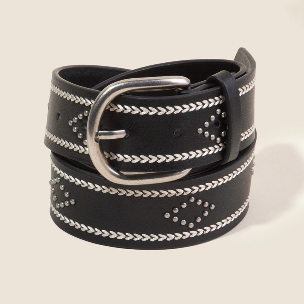 NEW Western Heart Pattern Studded Boho Vegan Leather Belt Black